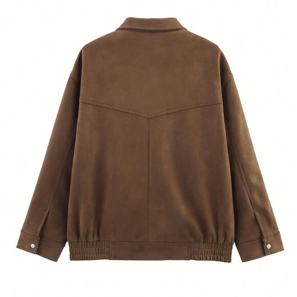 Brown Casual Women's Zip  upfaux Suede Bomber Jacket Coat - Picture 5 of 8